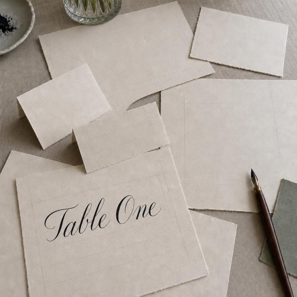 Several cream place cards spread on linen, some ruled with faint pencil layout guides and one lettered with a table name.