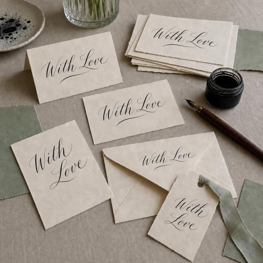 A coordinated stationery set on linen: cream cards, a matching envelope and a ribboned tag, arranged with torn sage paper swatches.