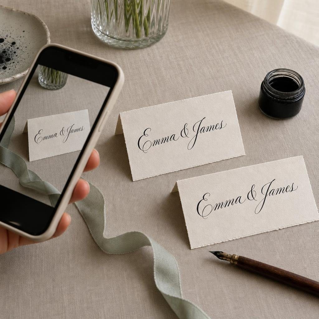 A hand holding a phone photographing a finished hand-lettered place card on a linen table in soft natural light.