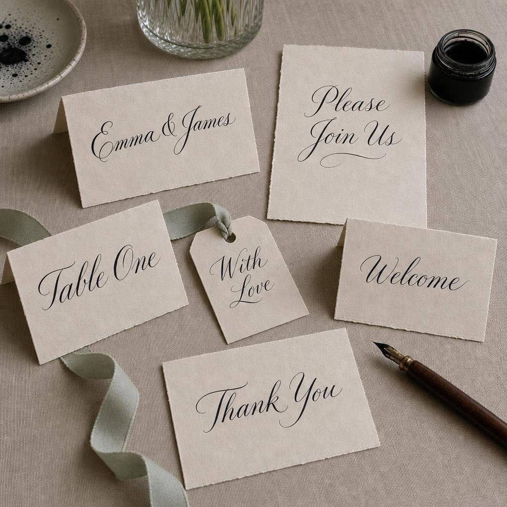 A full coordinated wedding stationery set laid out on linen: place card, invitation, table number, gift tag, welcome card and thank-you card, all lettered in the same hand.