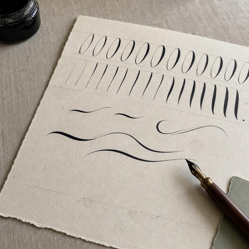 A practice sheet showing rows of oval and slanted letter-shape drills in black ink, with a pointed pen resting on the paper mid-stroke.