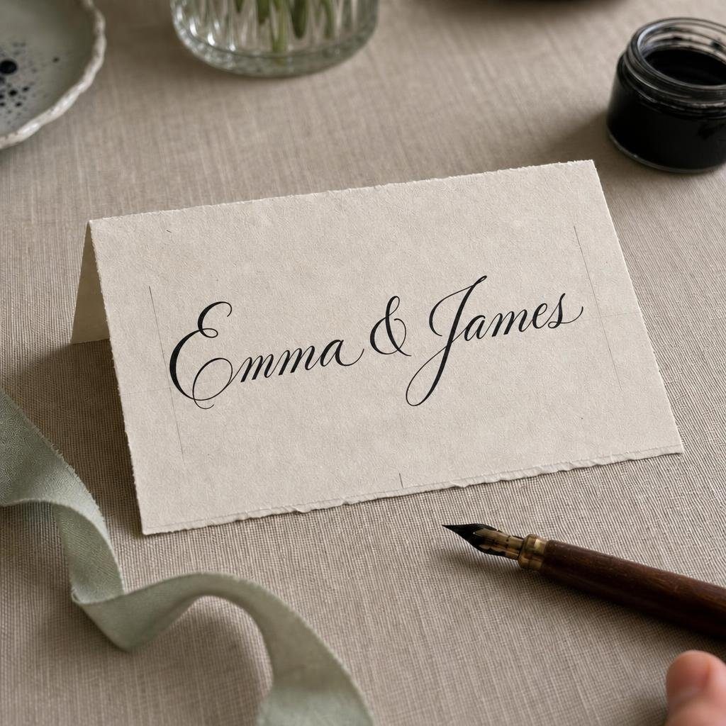 A finished ivory place card lettered by hand with two names, standing on a linen table beside a pointed pen and a jar of black ink.