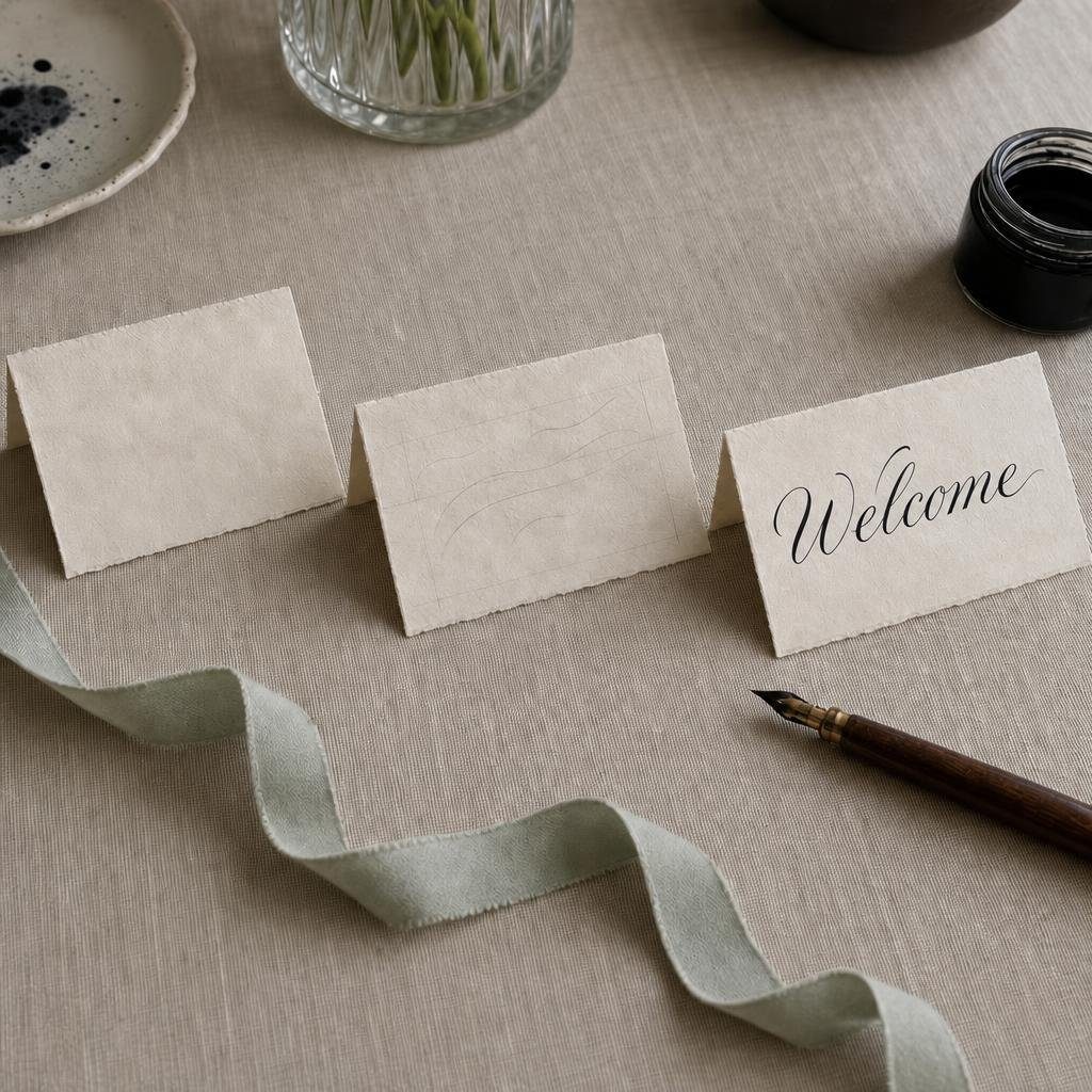 Three cream place cards in a row on linen: the first blank, the second marked with faint pencil guide lines, the third lettered in black ink.