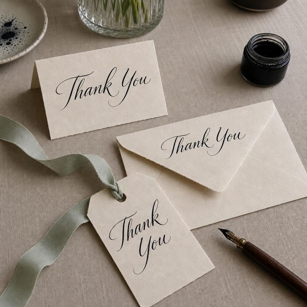 A matching folded card, envelope and ribboned gift tag on linen, each lettered in the same hand with a sage ribbon and pointed pen alongside.
